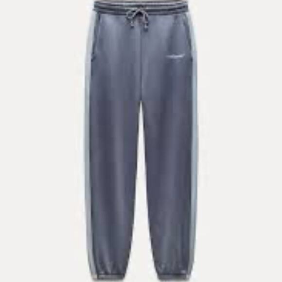 Zara Gray Slogan Striped West Columbia Jogger Trousers Sz M - Picture 1 of 12